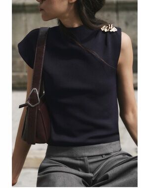 ZARA Sleeveless Black Mock-Neck Top with Shoulder Accent - Women